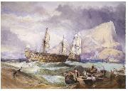 Clarkson Frederick Stanfield H.M.S 'Victory' towed into Gibraltar, oil painting on canvas